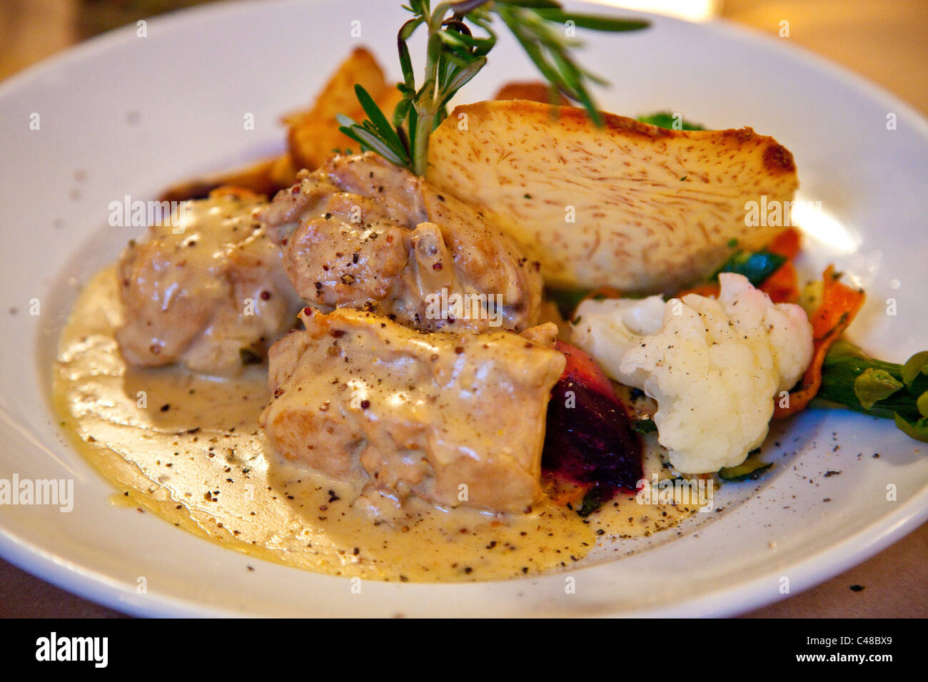 Two mustards rabbit at Le Lapin Saute restaurant in old town, Quebec City, Canada Stock Photo