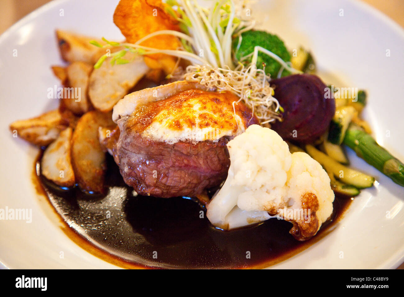 Filet mignon at Le Lapin Saute restaurant in old town, Quebec City, Canada Stock Photo