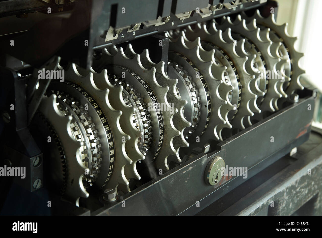 Rotors on a Lorenz machine at The Tunny Gallery, The National Museum of Computing, Bletchley Park.2010. Stock Photo