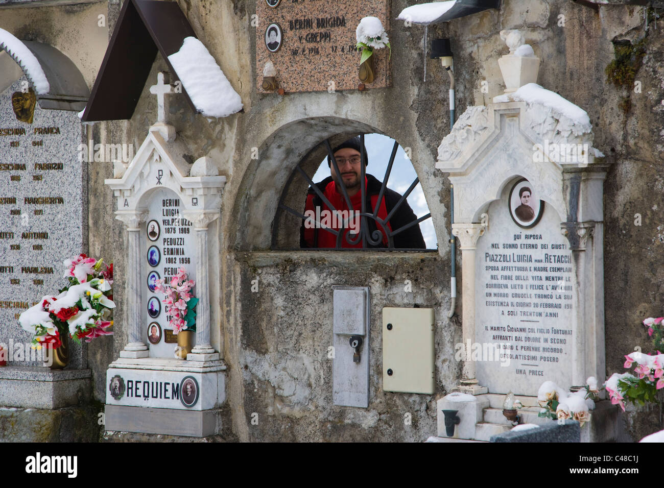 Graves and vaults.Winter. Pigra cemetery. Lake Como. Lombardy. Italy. Stock Photo