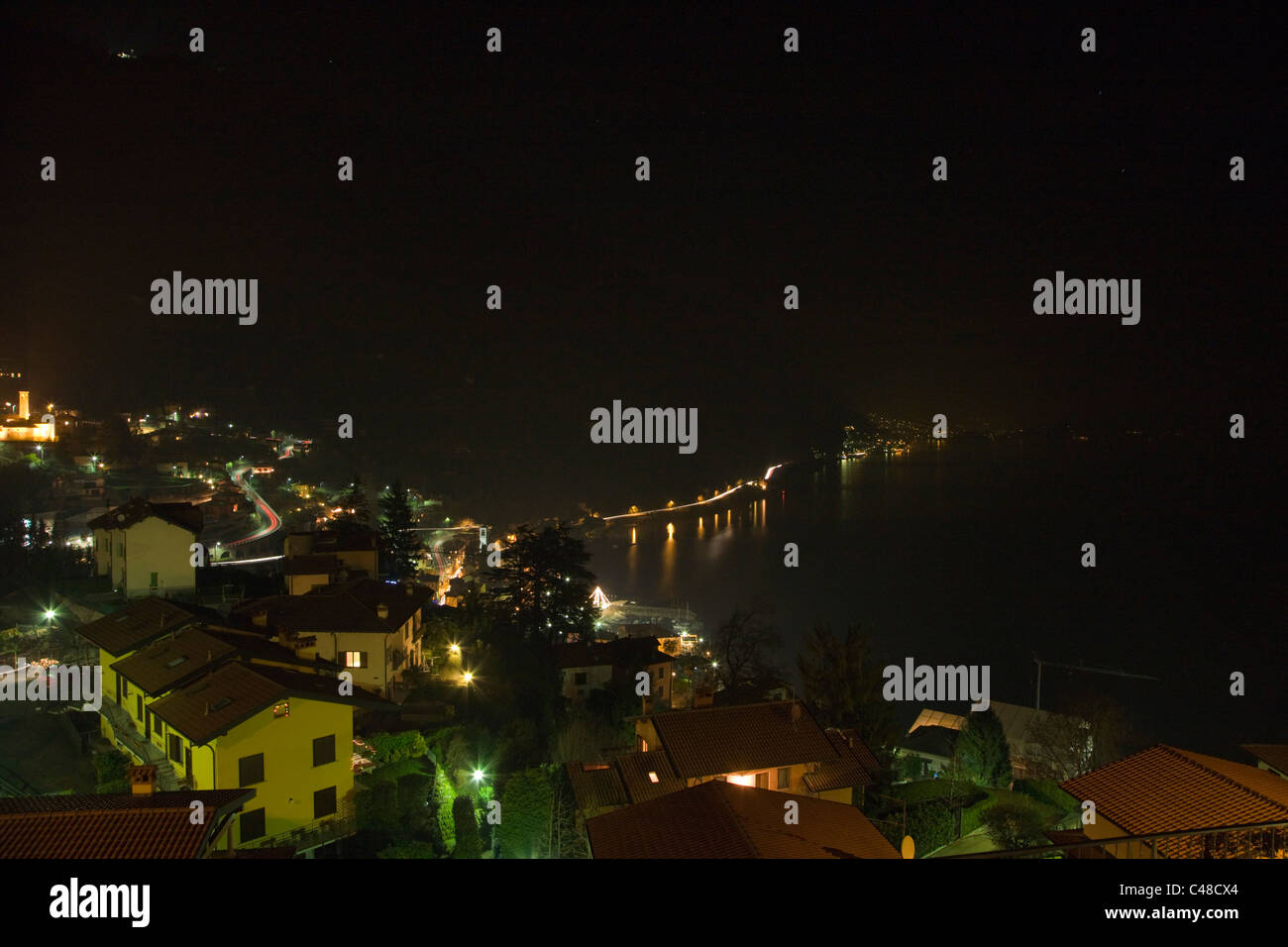 Night Argegno and lake from Via Schignano at Argegno on Lake Como. Lombardy. Italy. Stock Photo
