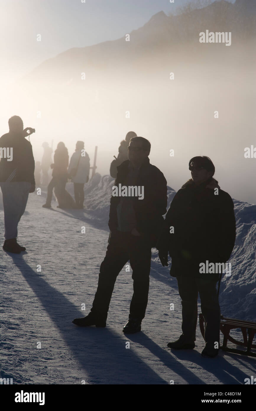 Fog near Sankt Moritzersee. St.Moritz. Graubunden, Grisons mountains. Alps. Switzerland. Winter. Stock Photo