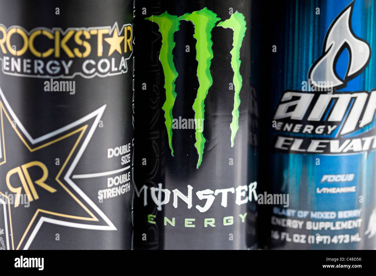 A mix os RockStar, Monster, AMP and Red Bull energy drinks.  Stock Photo