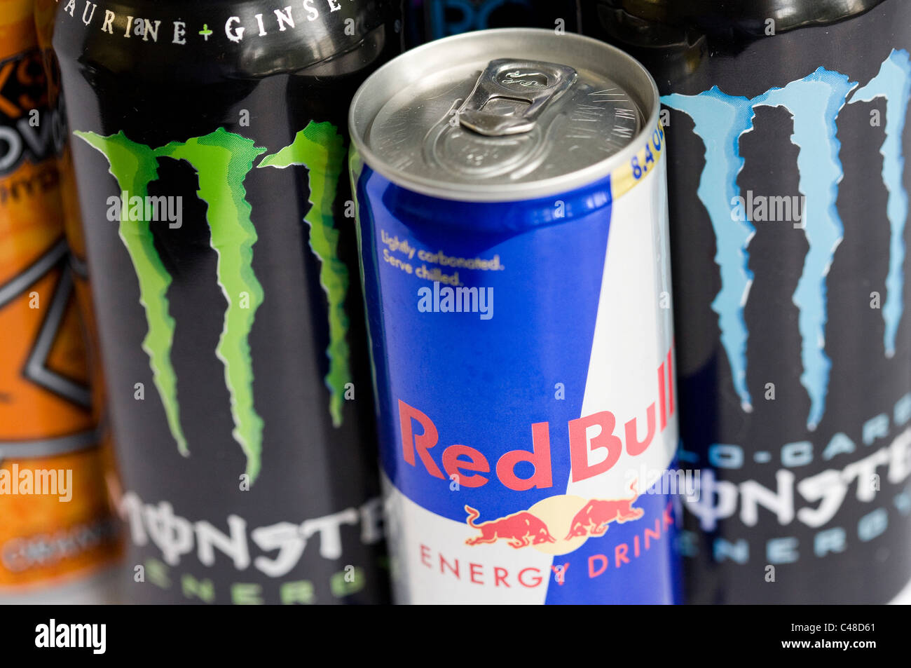 A mix os RockStar, Monster, AMP and Red Bull energy drinks.  Stock Photo