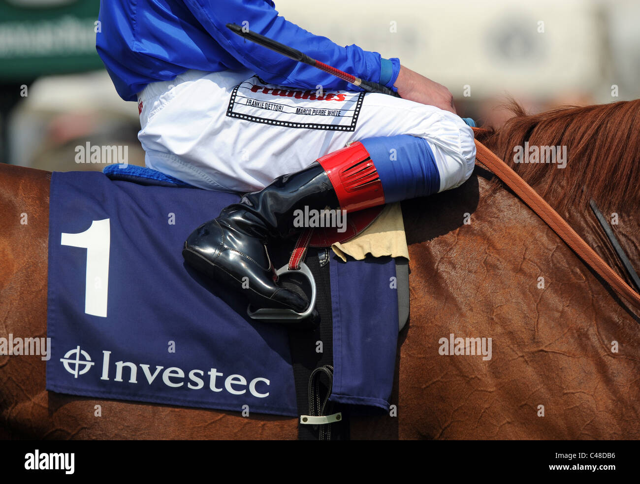 Close up of a Jockeys Boots and Saddlecloth Stock Photo