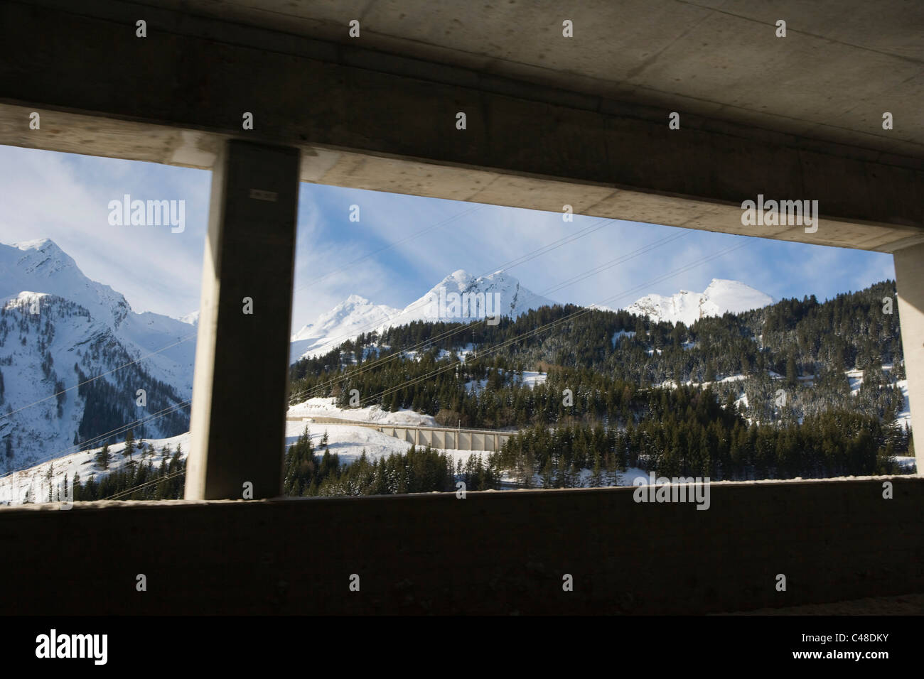 Graubunden, Grisons mountains near San Bernardino from the traffic tunnel. Alps. Switzerland. Winter Stock Photo
