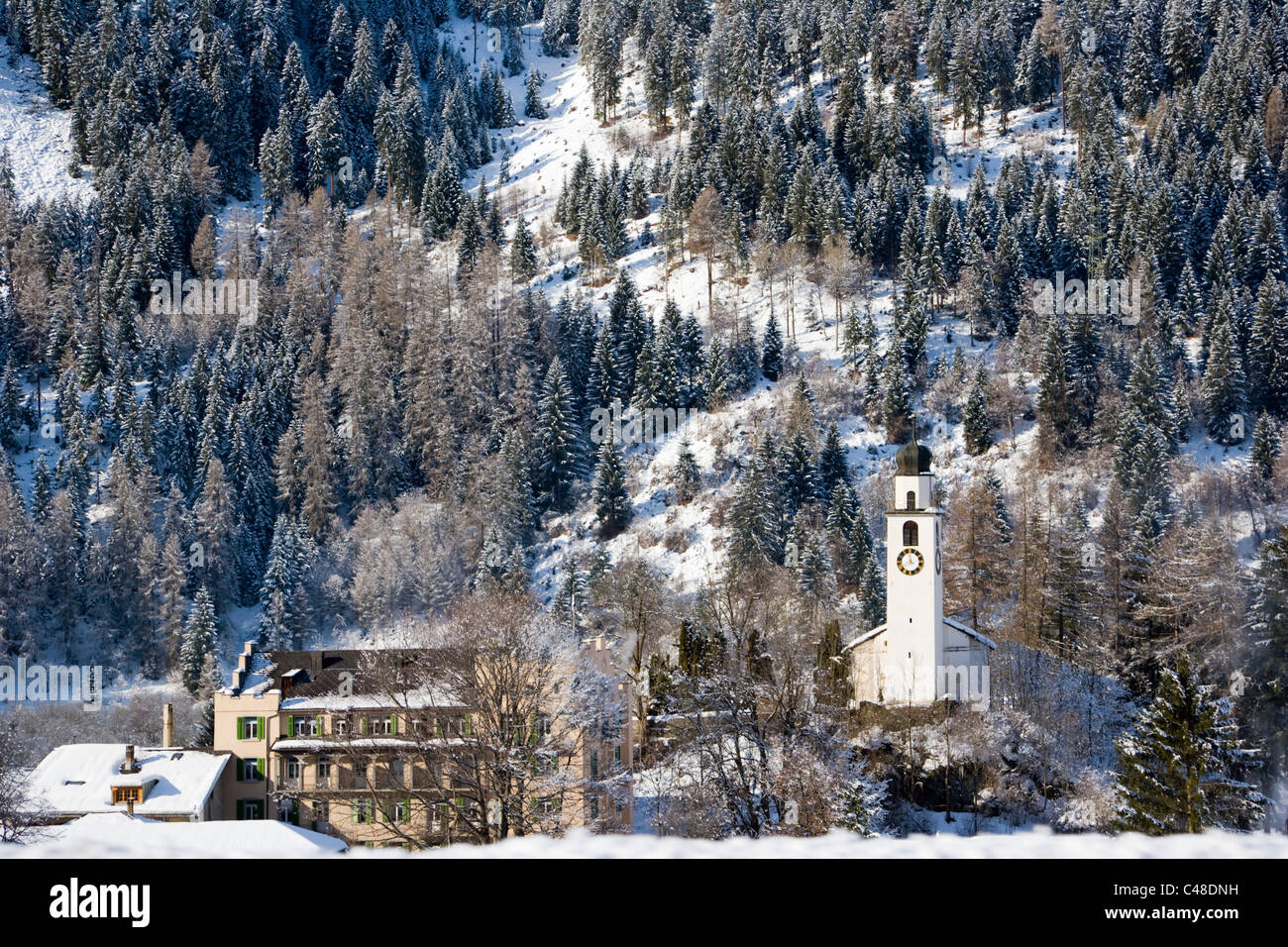Graubunden, Grisons mountain village Andeer. Alps. Switzerland. Winter. Stock Photo
