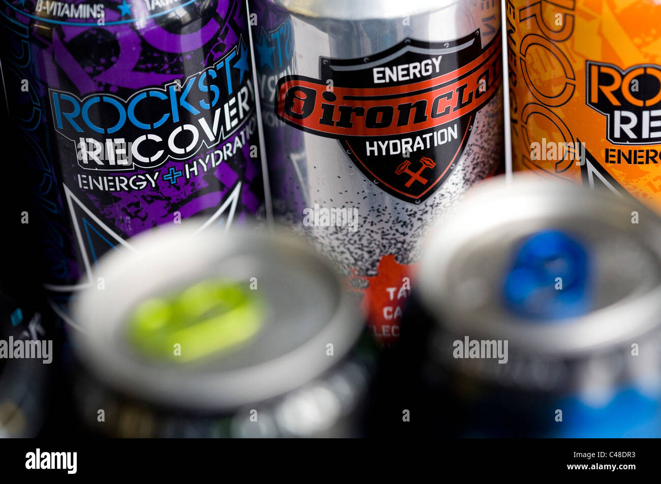 A mix os RockStar, Monster, AMP and Red Bull energy drinks.  Stock Photo