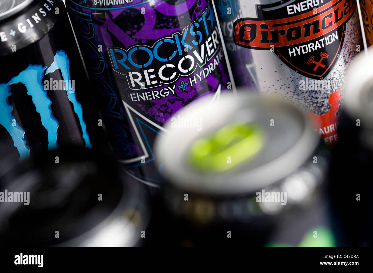 A mix os RockStar, Monster, AMP and Red Bull energy drinks.  Stock Photo