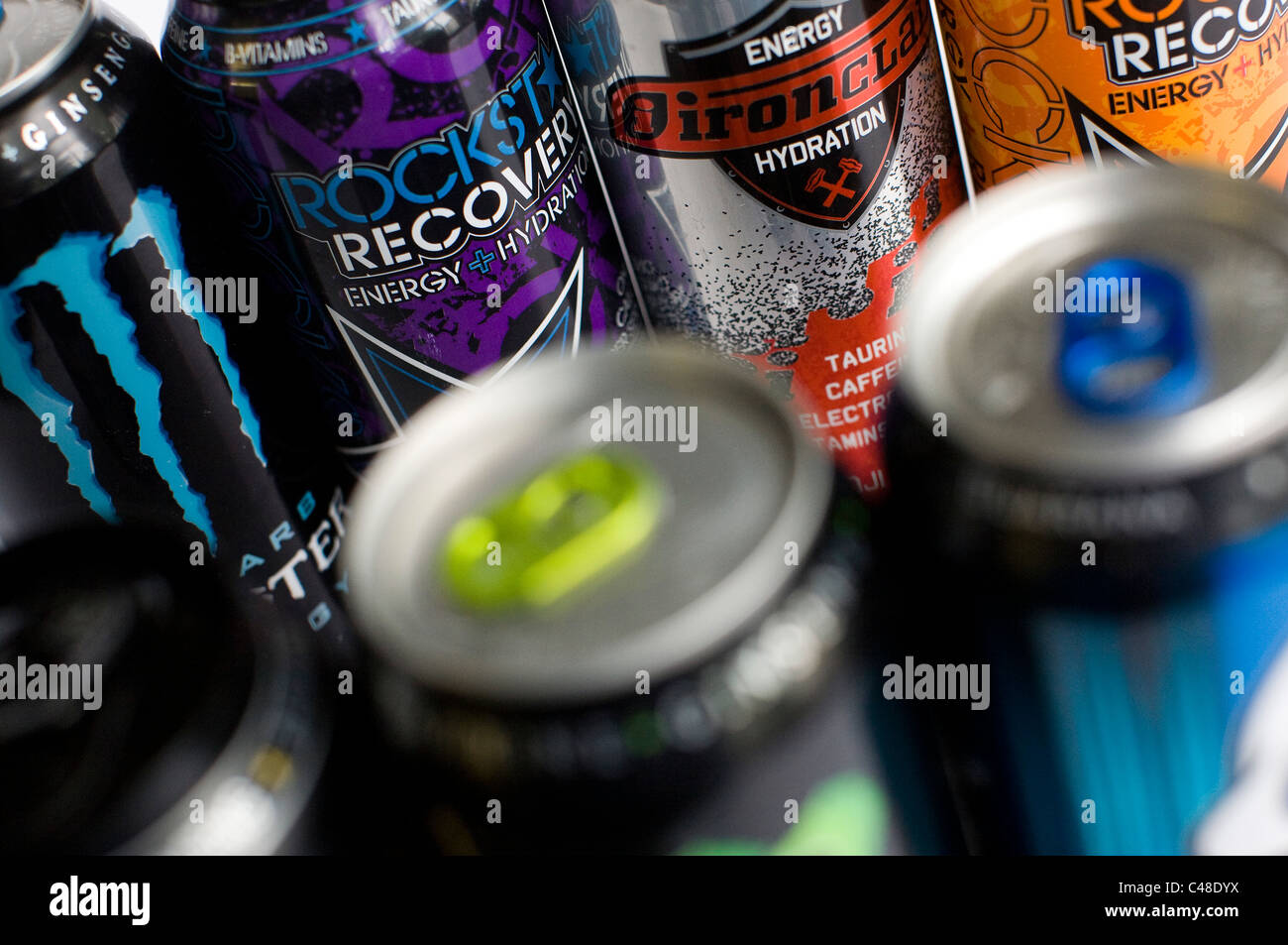 A mix os RockStar, Monster, AMP and Red Bull energy drinks.  Stock Photo