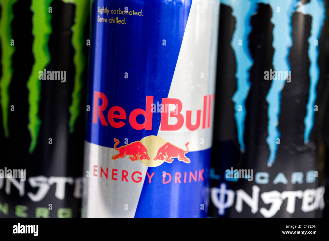 A mix os RockStar, Monster, AMP and Red Bull energy drinks.  Stock Photo