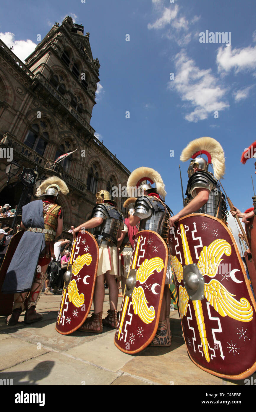 City of Chester, England. Roman soldiers and centurions gathered at Chester Town Hall. Stock Photo