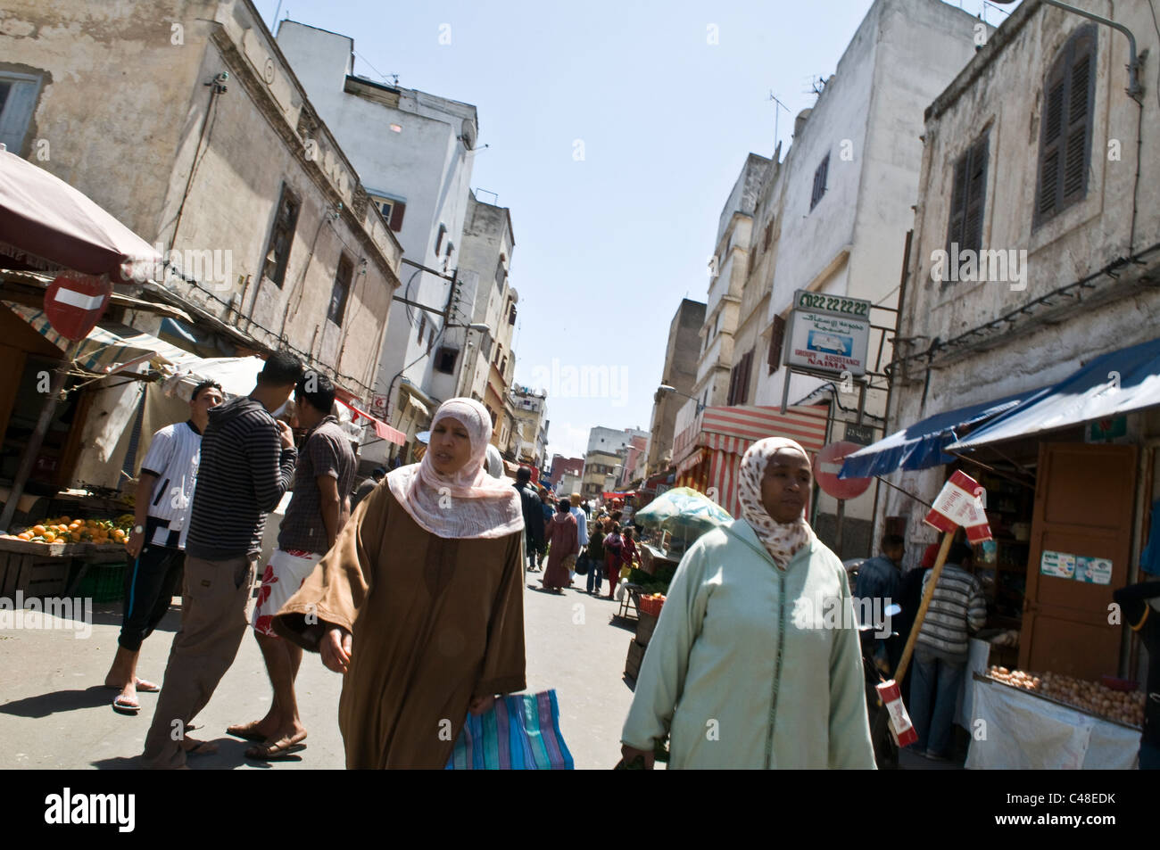 Downtown Casablanca is a busy shopping district. Many colorful shops