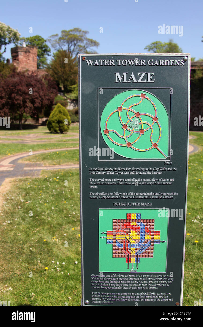 City of Chester, England. Water Tower Gardens maze plaque, with the mosaic maze in the background. Stock Photo
