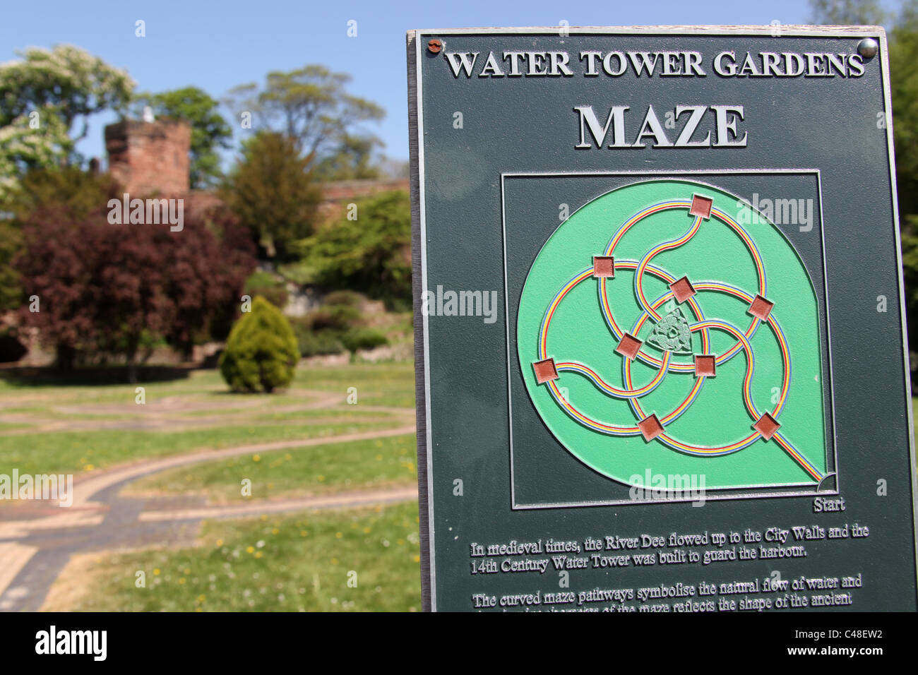 City of Chester, England. Water Tower Gardens maze plaque, with the mosaic maze in the background. Stock Photo