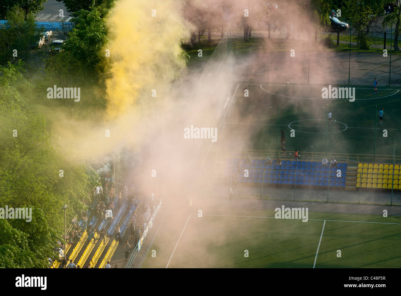 Colorful smoke above the stadium Stock Photo Alamy