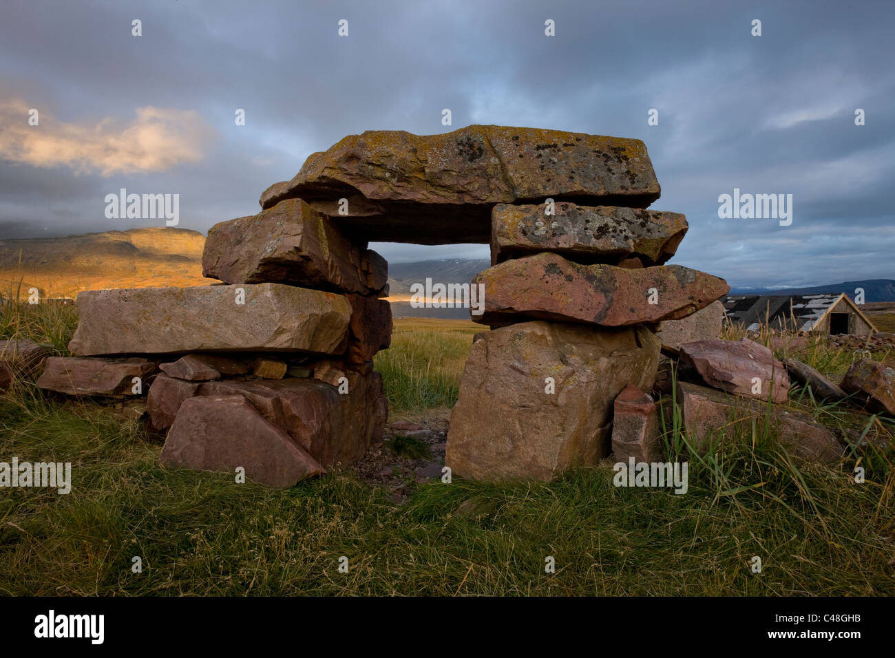 Norse ruins of a cow shed in Igaliku, Greenland. Stock Photo