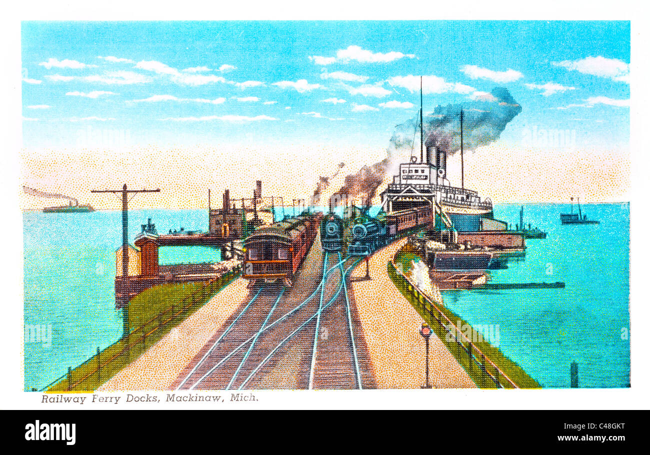 Railroad Ferry Docks, Mackinaw, Michigan -- vintage postcard by G.W. Wickman, 1924 Stock Photo