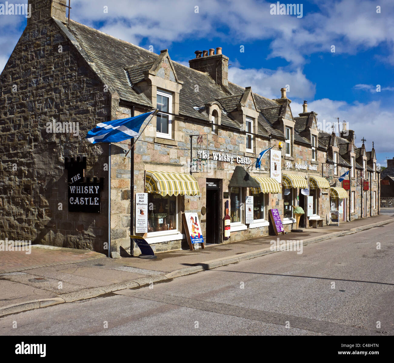 Shops in the main street of Scottish village Tomintoul in Moray