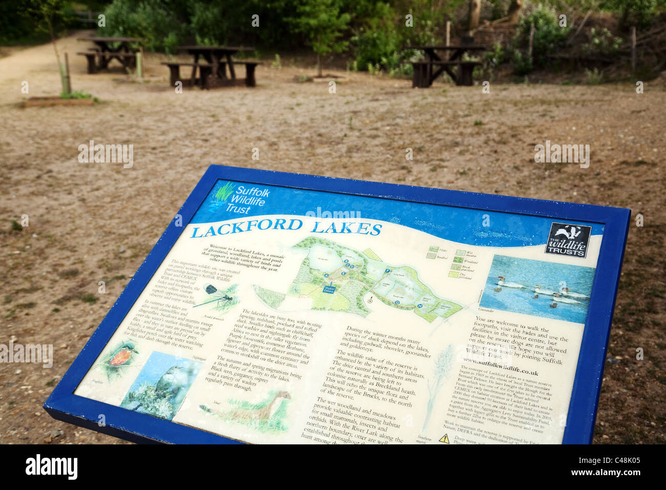 Sign for walks at Lackford lakes visitor centre, Suffolk wildlife trust UK Stock Photo