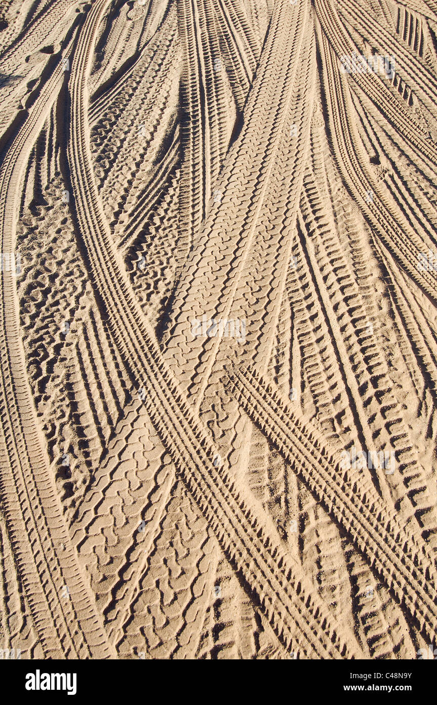Car tire tracks in the sand; Utah desert, Usa Stock Photo