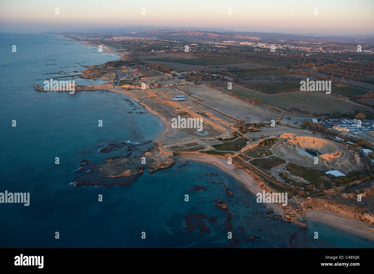 Aerial photograph of the amphitheater of the ancient city of Caesarea at sunset Stock Photo
