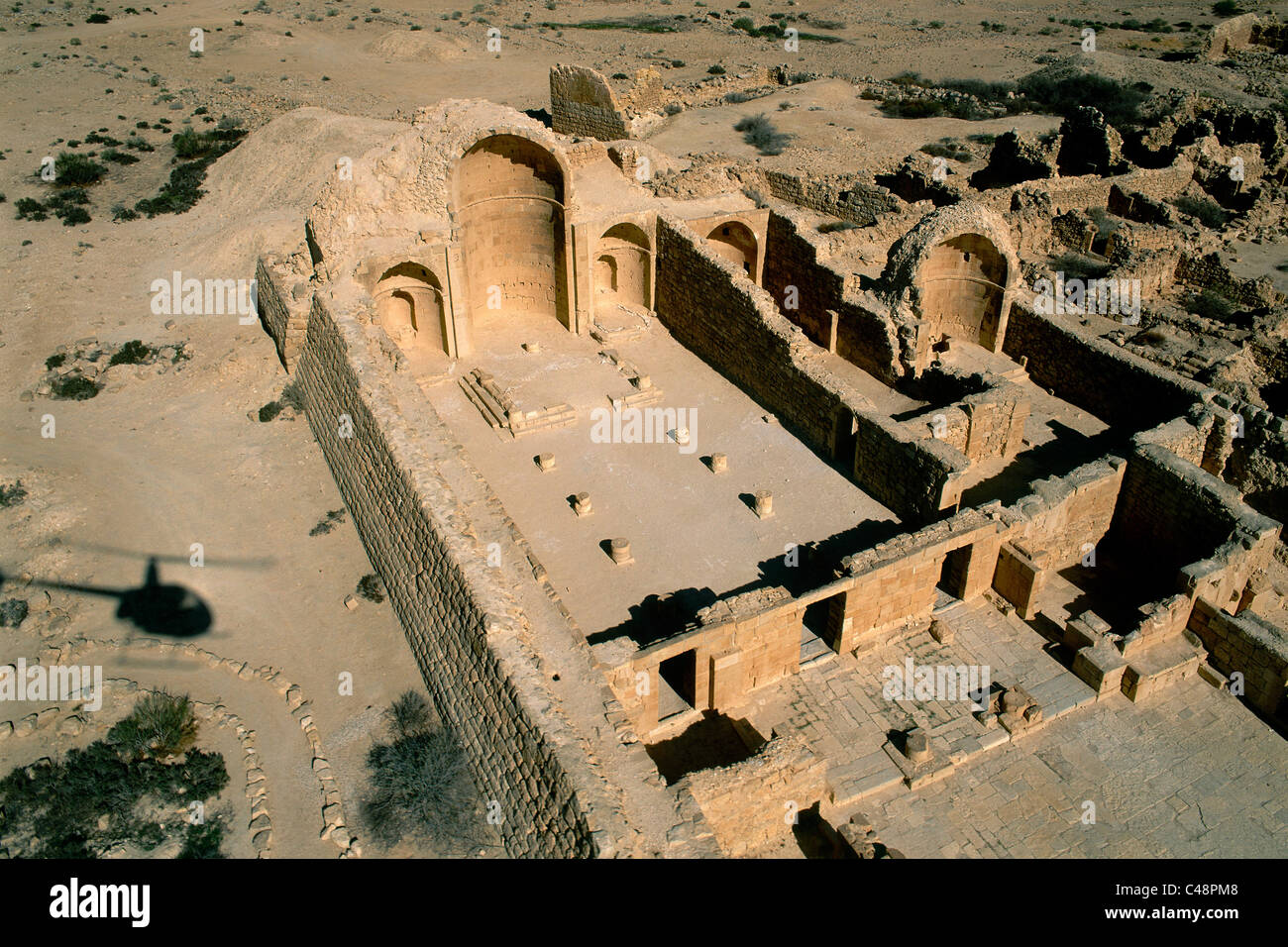Aerial photograph of the ruins of the ancient city of Shivta in the central Negev desert Stock Photo