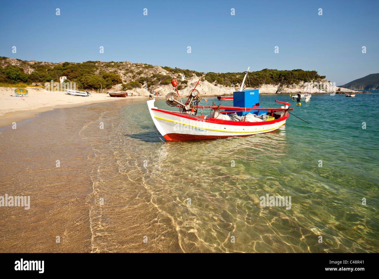 fishing boat at Kalamitsi Beach, Sithonia, Chalkidiki, Greece Stock Photo