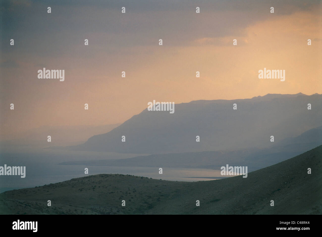 Sunset over the Judean desert's mountains ans the Dead sea Stock Photo