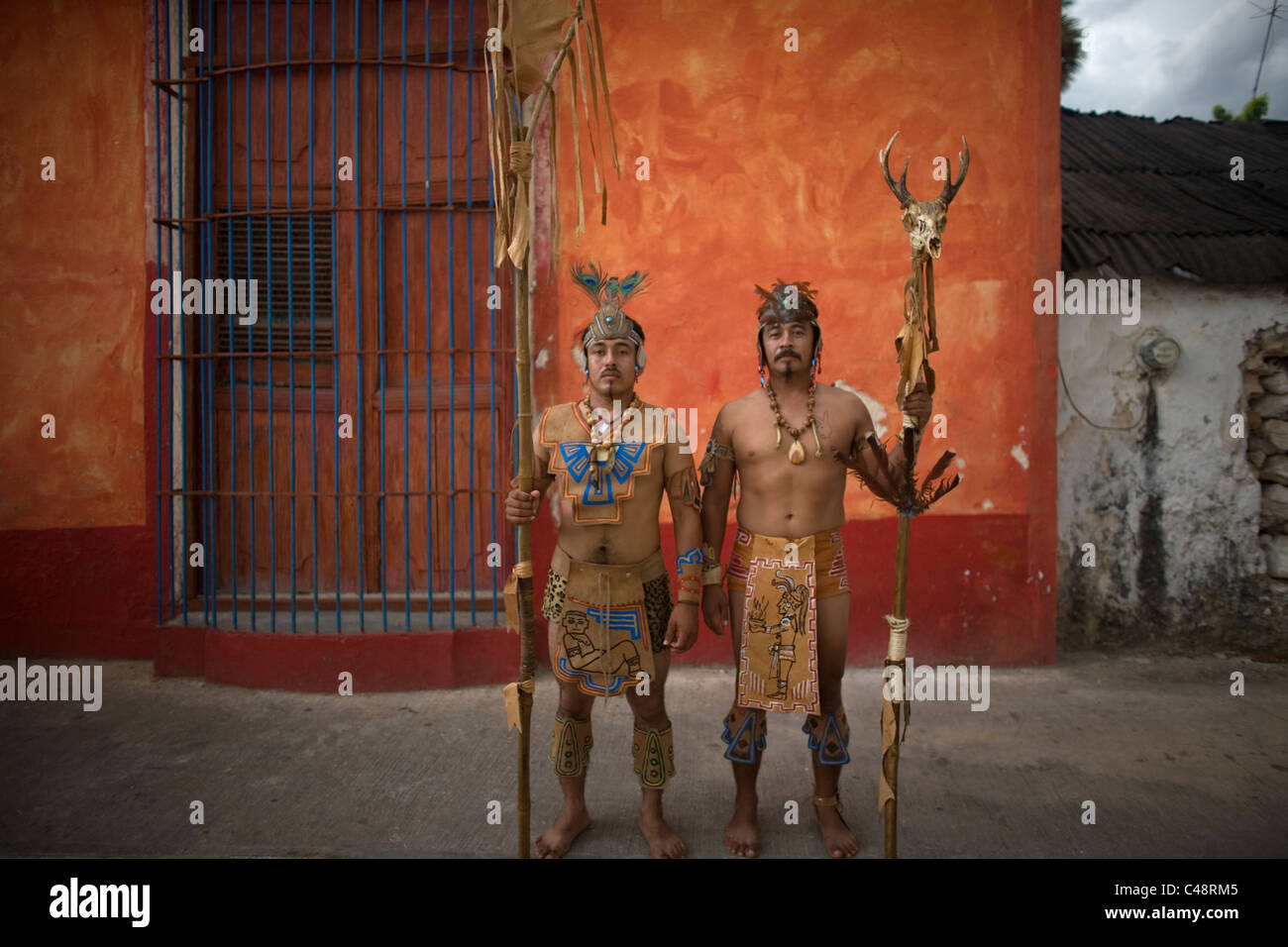 Mayan ball players pose for a portrait in Chapab village in Yucatan state in Mexico's Yucatan peninsula Stock Photo