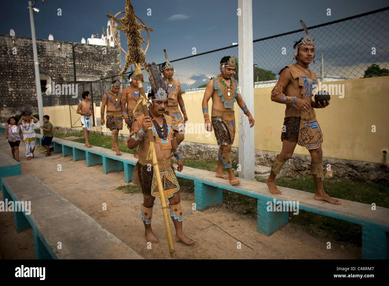 Mayan ball players walk in Chapab village in Yucatan state in Mexico's Yucatan peninsula, Mexico Stock Photo