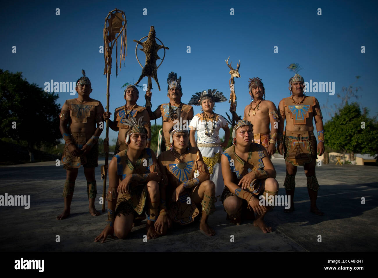 Mayan ball players pose for their portrait in Chapab village in Yucatan state in Mexico's Yucatan peninsula Stock Photo