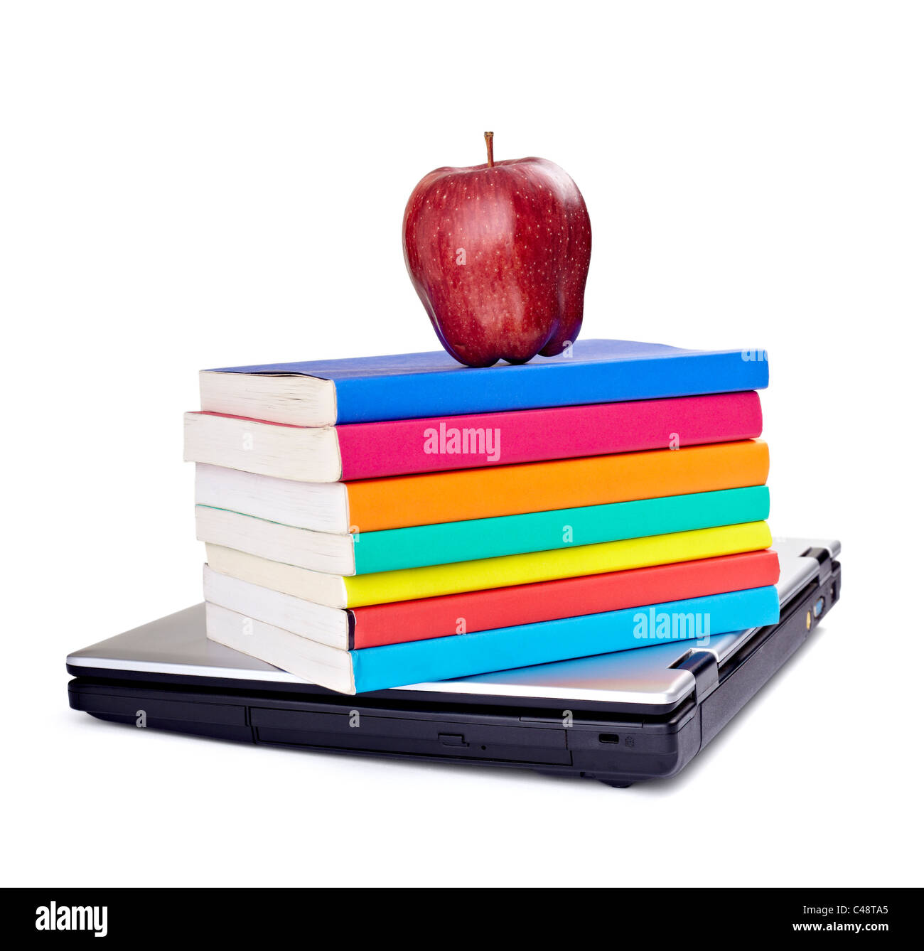 laptop, books and an apple Stock Photo Alamy