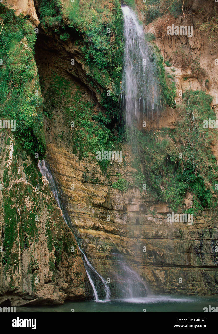 Waterfall in the stream of David in the Judea Desert Stock Photo
