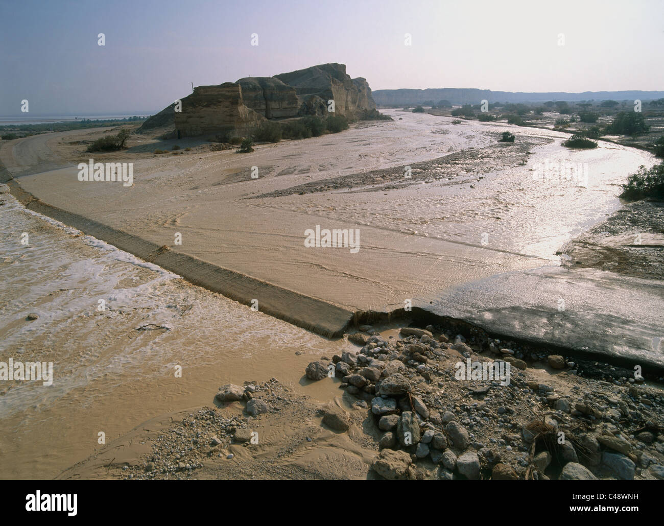 Aerial view of a flood pouring from the Judea desert to the Dead sea Stock Photo