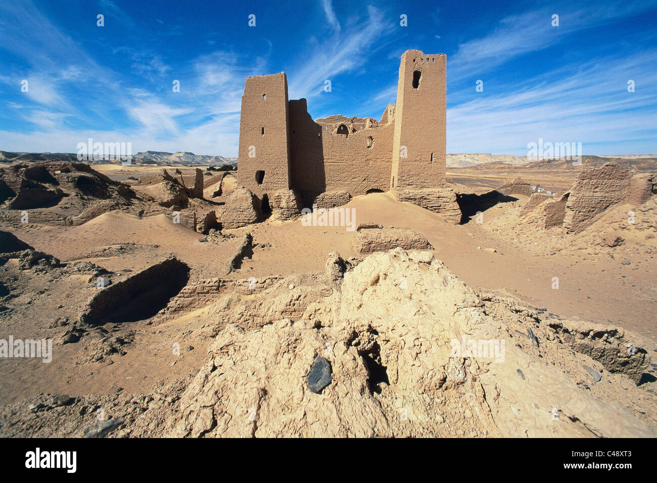 Photograph of the ruins of an ancient castle in the western desert of Egypt Stock Photo