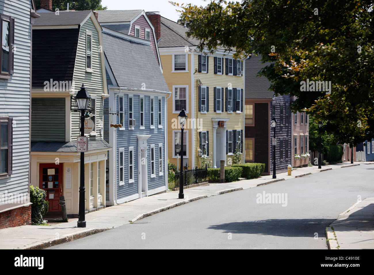 18th century colonial houses line a street in Marblehead, Massachusetts Stock Photo