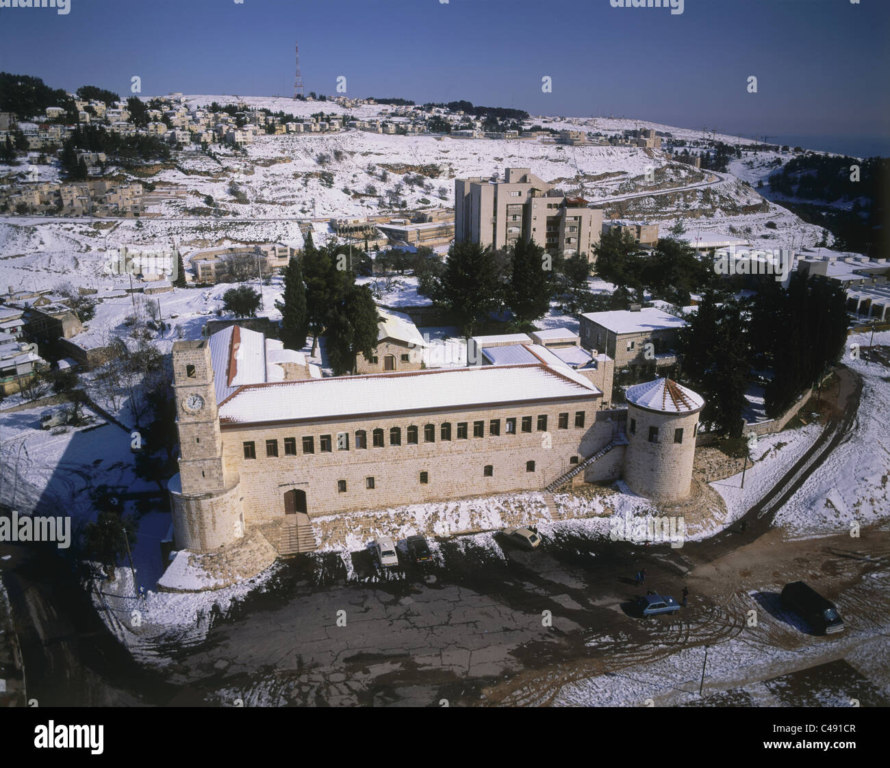 Aerial photograph of the old city of Zefat in thr Upper Galilee after snow storm Stock Photo