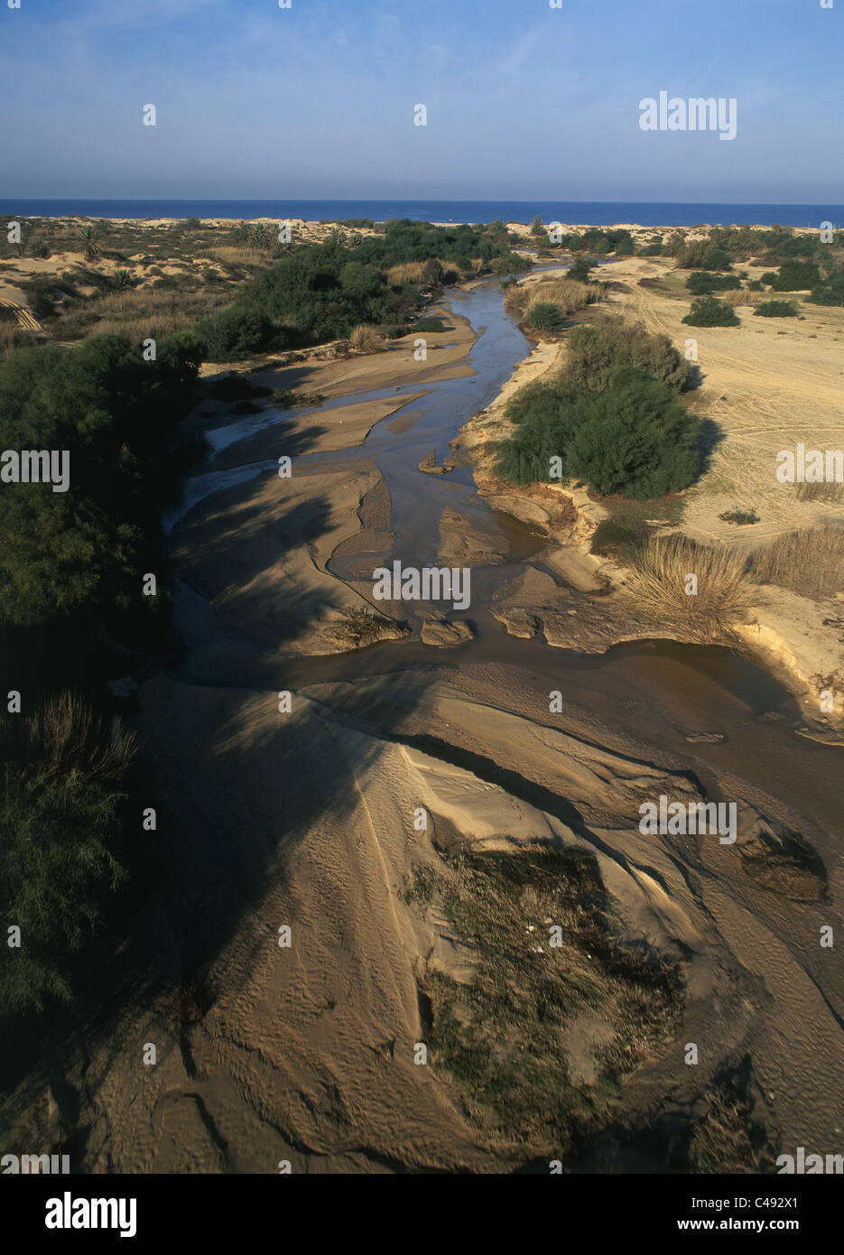 Aerial photograph of a stream near Nizanim beach in the southern Coastal plain Stock Photo