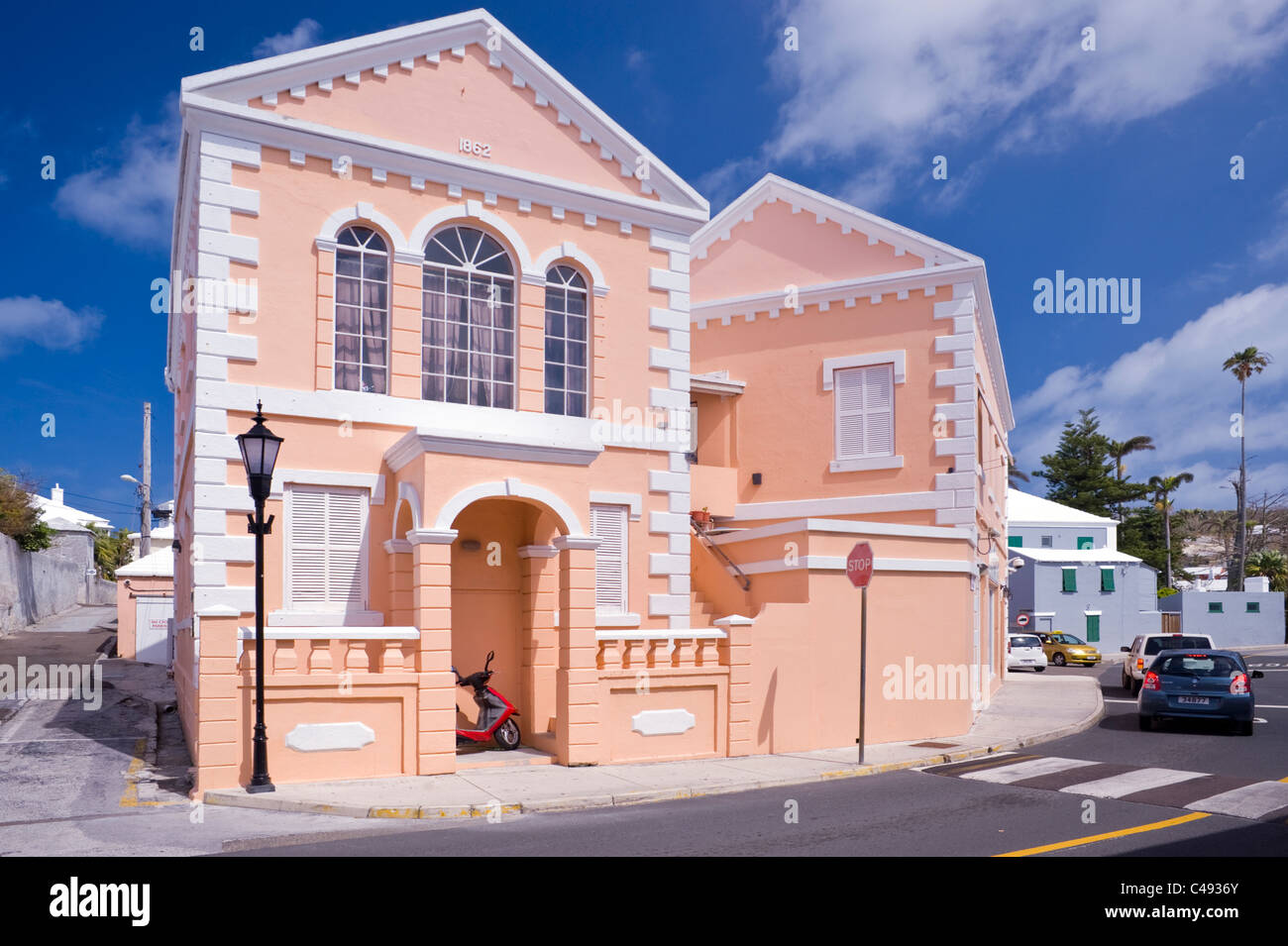 Pink house features in the historical architecture of St. George, Bermuda. Stock Photo