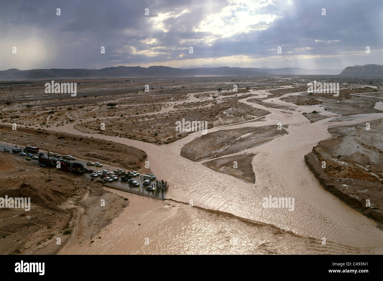 Aerial photograph of a flood of Paran wadi in the Arava Stock Photo