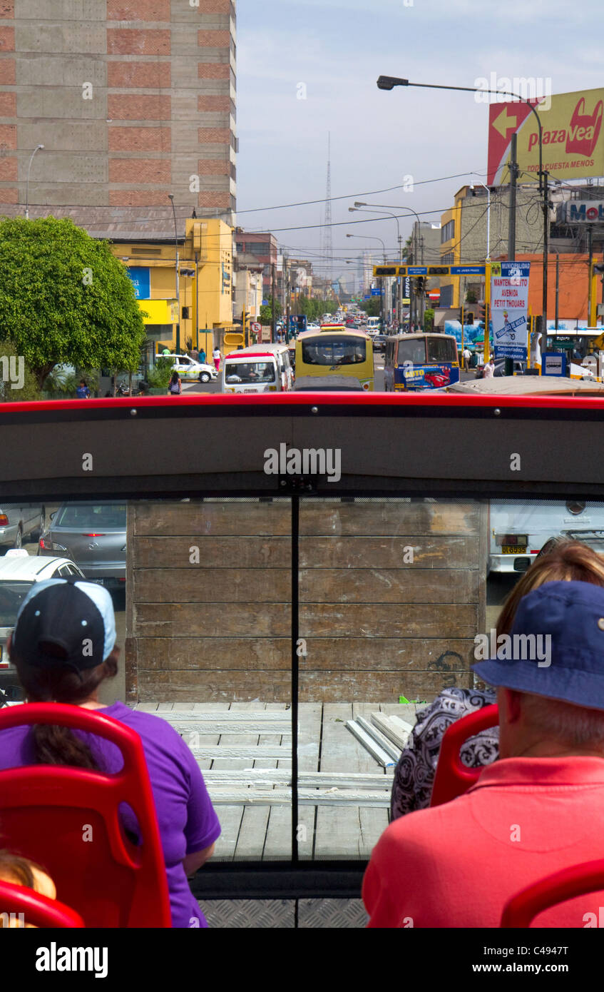 View from the upper deck of a tour bus in Lima, Peru. Stock Photo