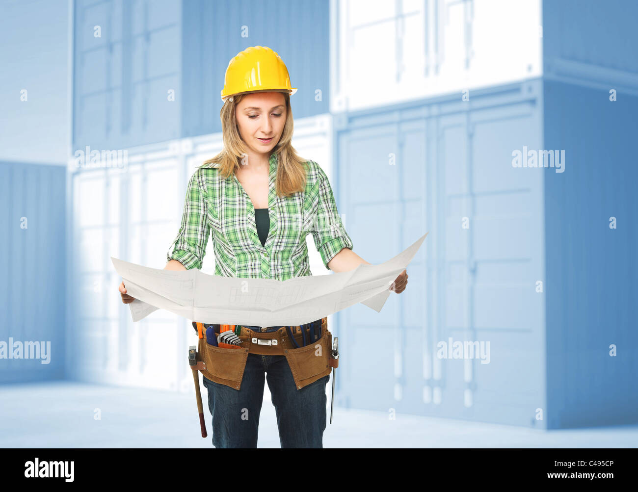 standing woman at work and 3d background Stock Photo