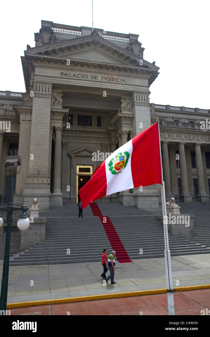 The Palace of Justice and the state flag of peru located in the Lima district of Lima, Peru. Stock Photo