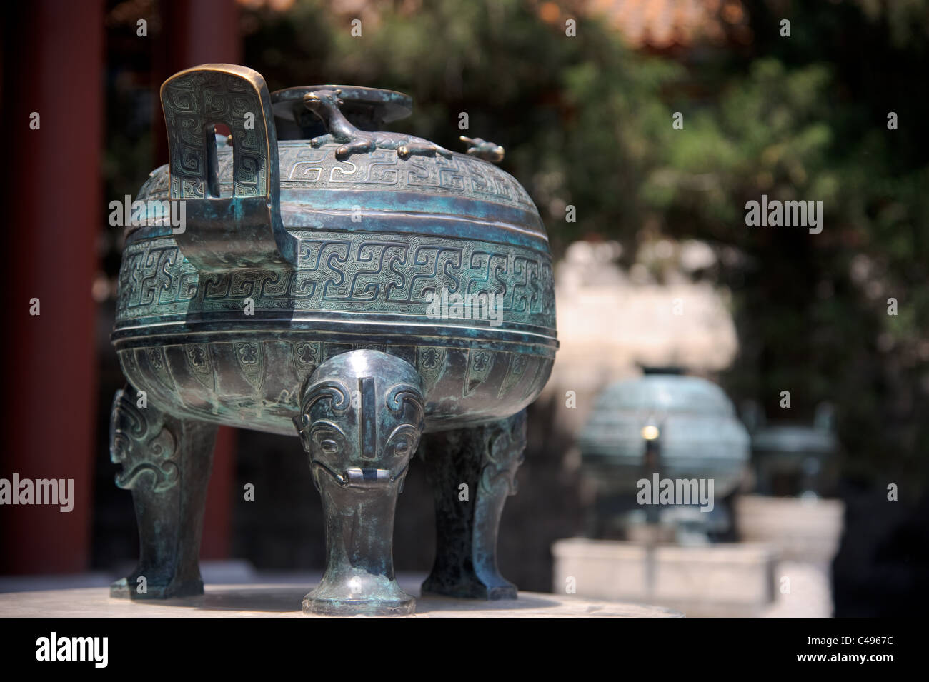 Chinese bronze kettle with decoration Stock Photo