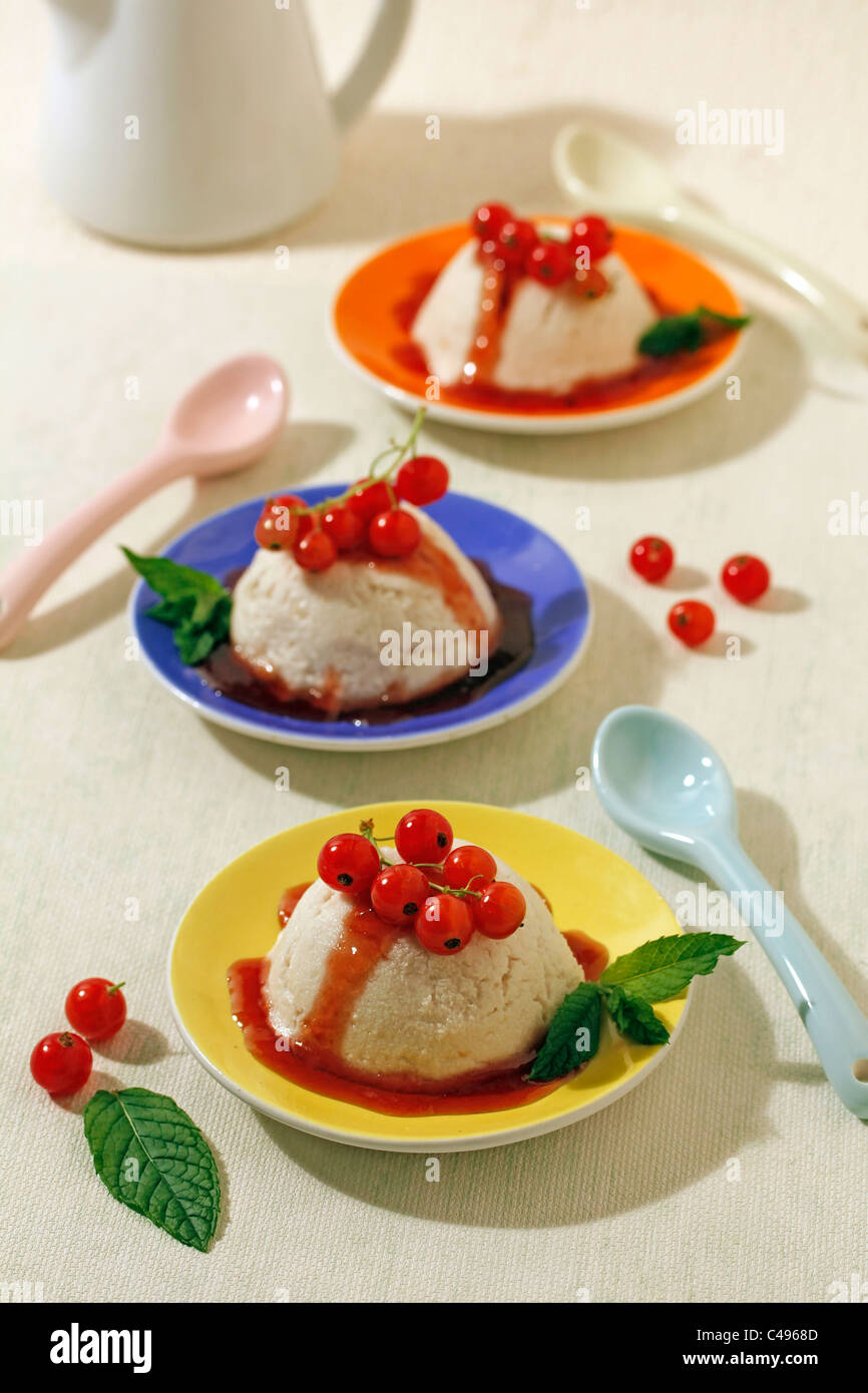 Almonds cottage cheese with red currants coulis. Recipe available Stock