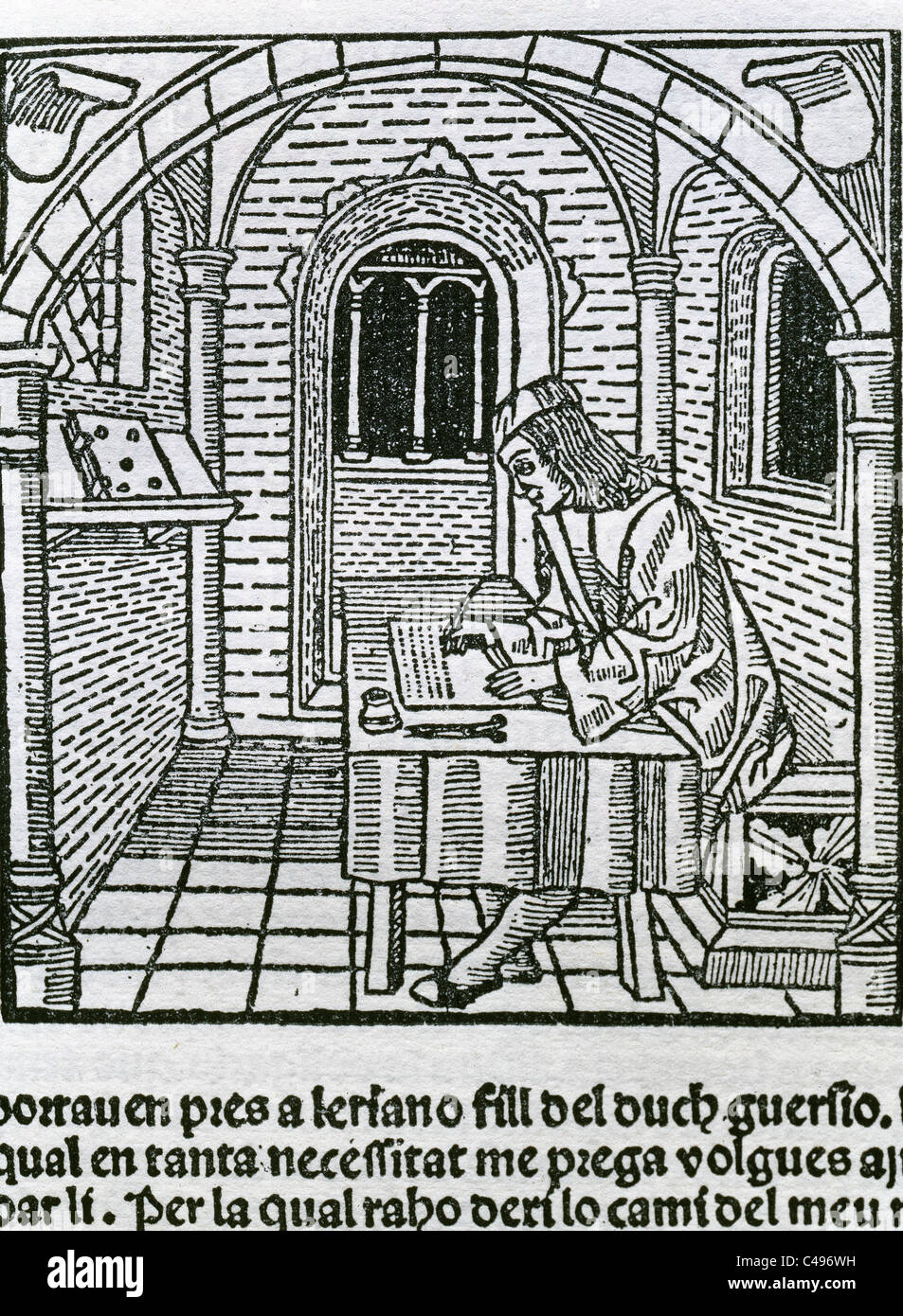 Spanish literature. Diego de San Pedro (ca. 1437-ca. 1498). Spanish writer. The Prison of Love, 1492. Engraving. Stock Photo
