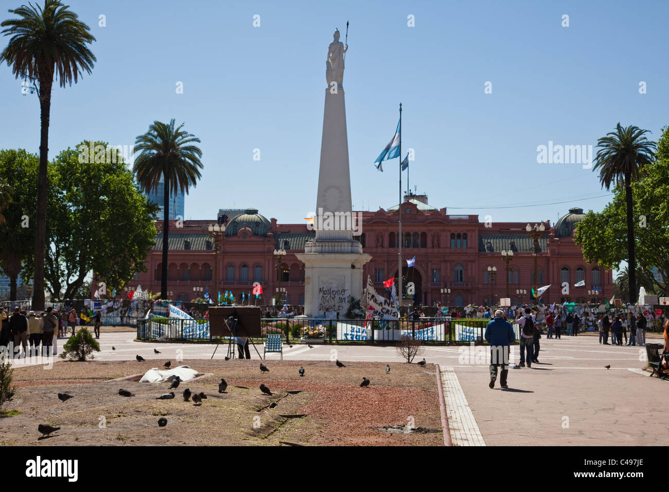 View of the Casa Rosada, Plaza De Mayo, Buenos Aires, Argentina, South America, with demonstration in front. Stock Photo