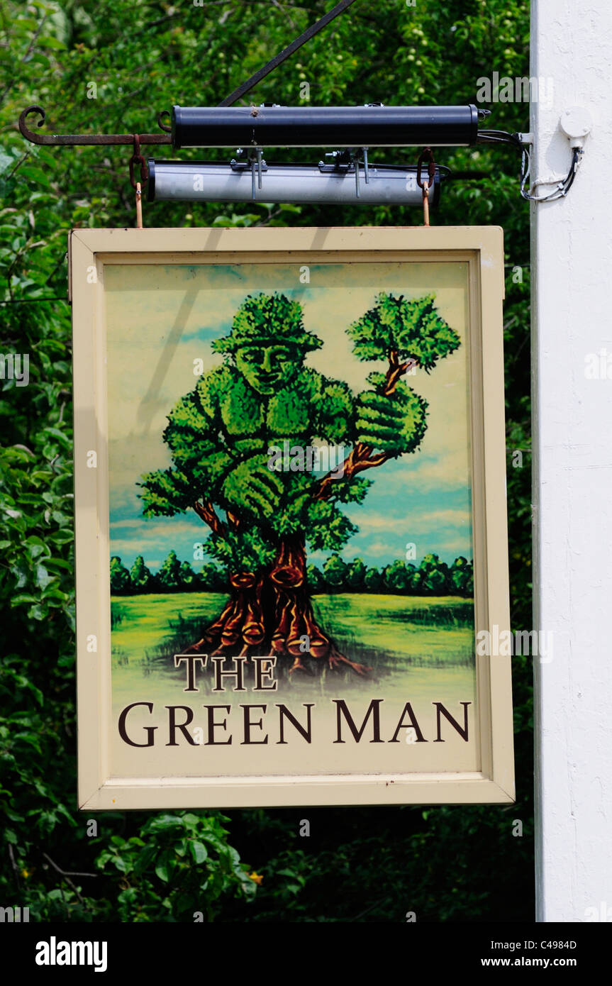 The Green Man Pub Sign, Grantchester, Cambridgeshire, England, UK Stock Photo
