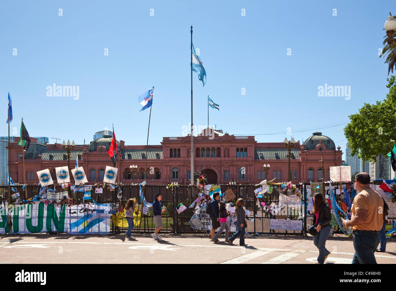 View of the Casa Rosada, Plaza De Mayo, Buenos Aires, Argentina, South America, with demonstration in front. Stock Photo